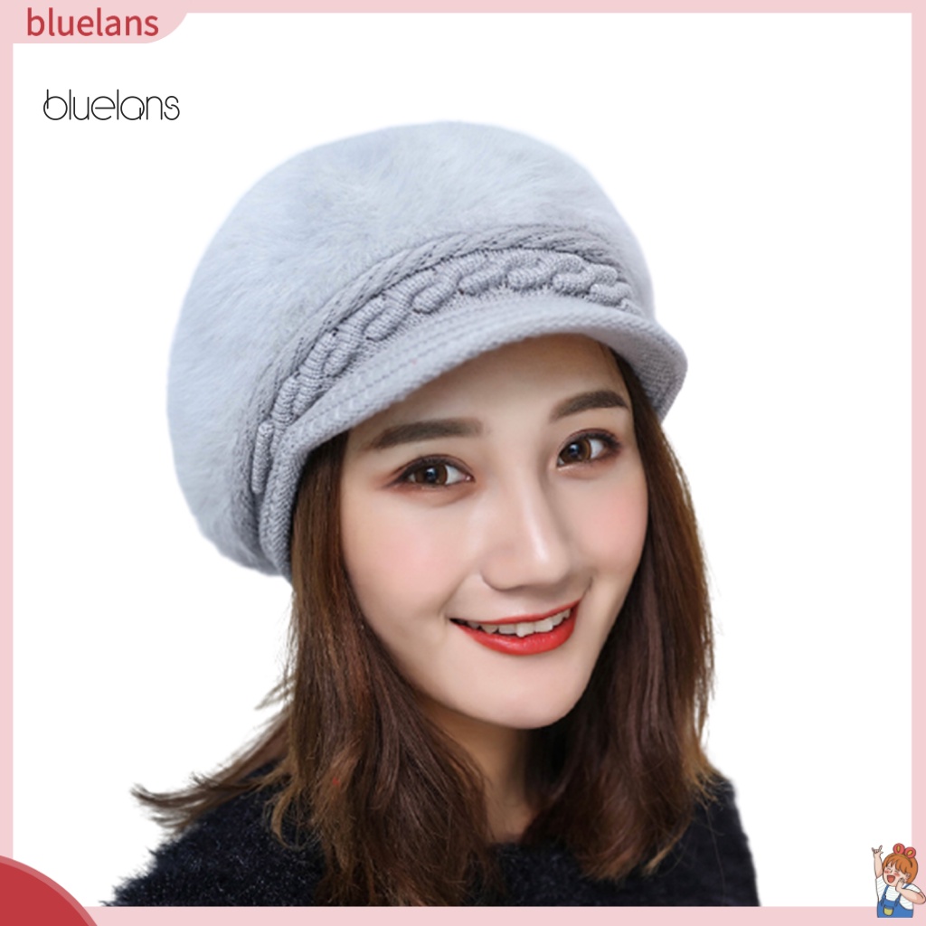 Mũ Beret Dệt Kim Phối Lông Thỏ Nhân Tạo Thời Trang Thu Đông