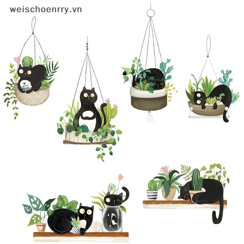 Sticker Dán Tường Họa Tiết Mèo Và Cây Xanh Dễ Thương Bắt Mắt
