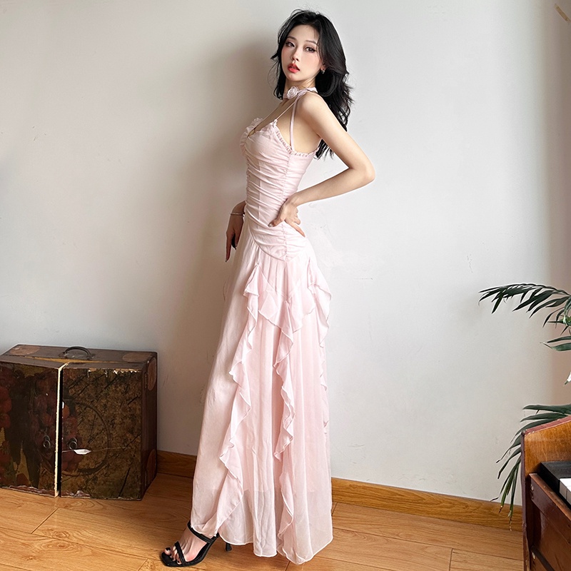 ♥Sản phẩm tại chỗ! Trà laze phong cách pháp nghỉ ngơi phong cách thuần khiết váy nữ thể hiện eo thon, váy dài cặp đôi bên lá sen sang trọng