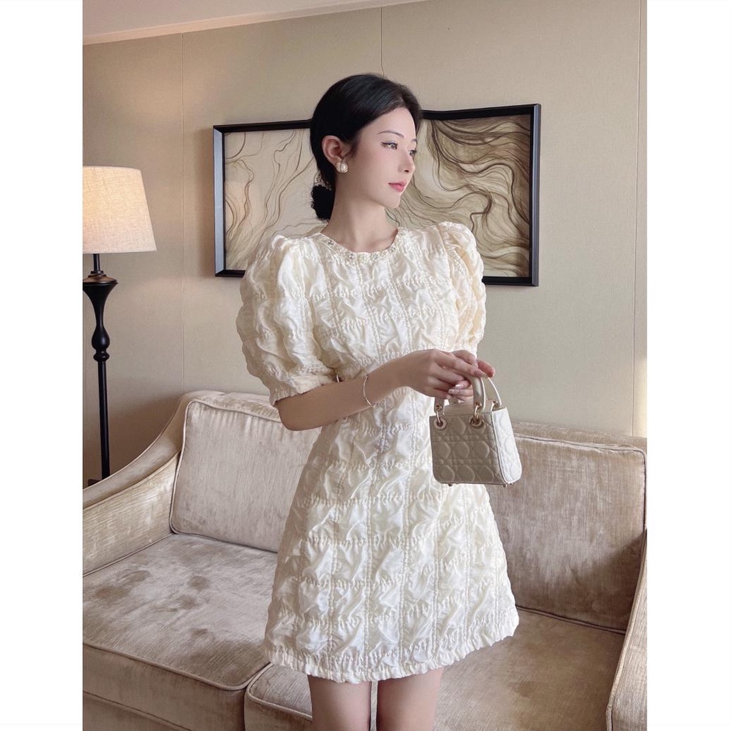 [Đầm Tay Phồng Cổ Tròn Nhấn Eo Cao Cấp Phong Cách Pháp Sang Trọng