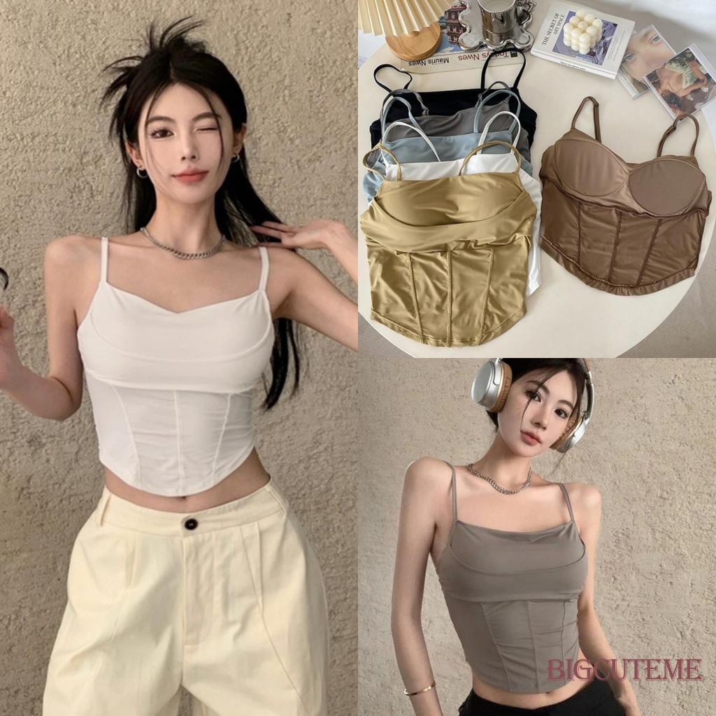[] - Áo Croptop Không Tay Hở Lưng Có Mút Đệm Cổ Xương Cá Màu Trơn Mùa Hè Đường Phố Cho Nữ