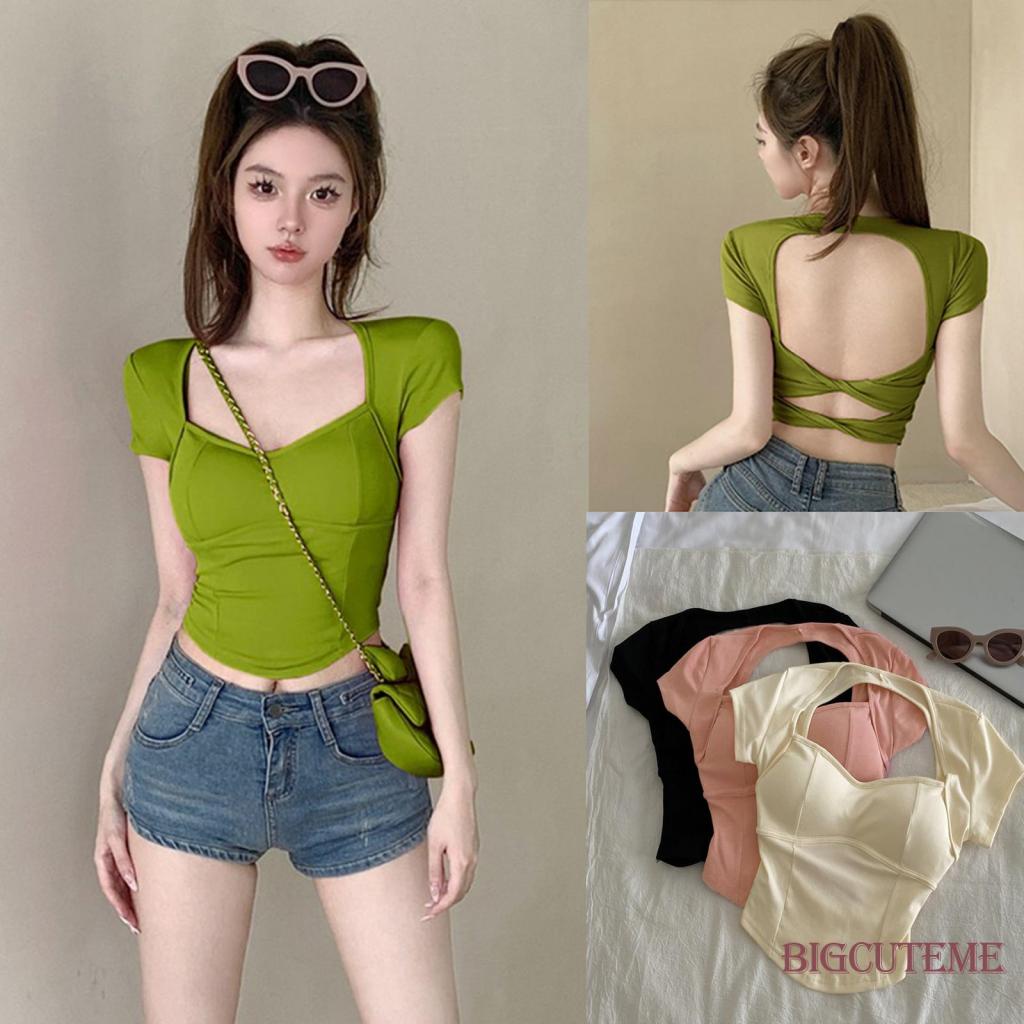 [] Áo Thun Crop Top Hở Lưng Có Đệm Mút Dây Chéo Màu Trơn Mùa Hè Đáng Yêu Có Thể Co Giãn Cho Nữ