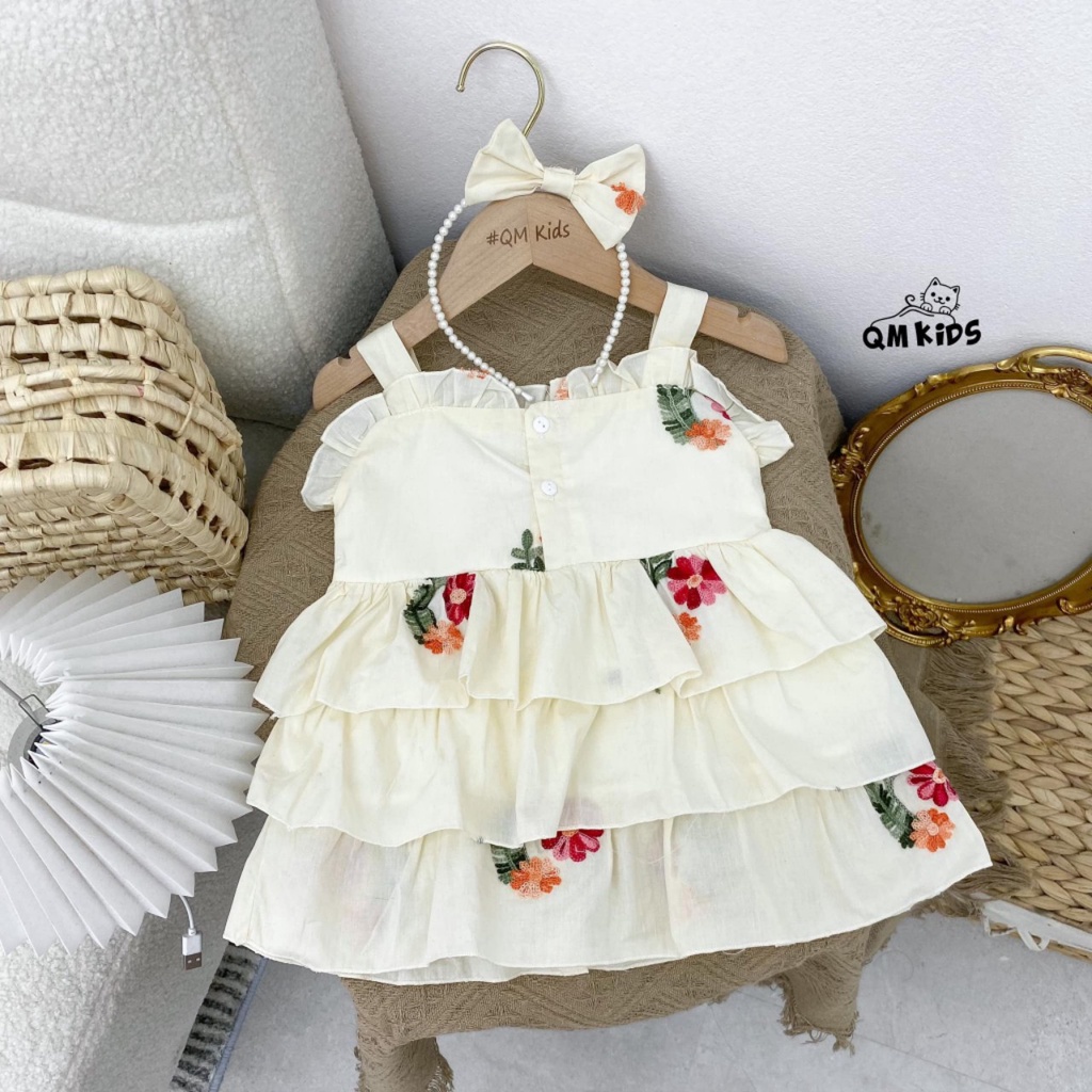 Xả Kho Váy Thêu Hoa 3 Tầng Tặng Kèm Tuban Xinh Xắn (Hàng QC) Dành Cho Bé Gái 8-15kg