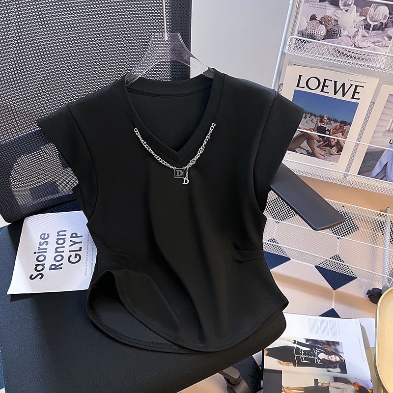 Áo Thun Cotton Tay Ngắn Phối Dây Xích Thời Trang Mùa Hè 2023 Dành Cho Nữ