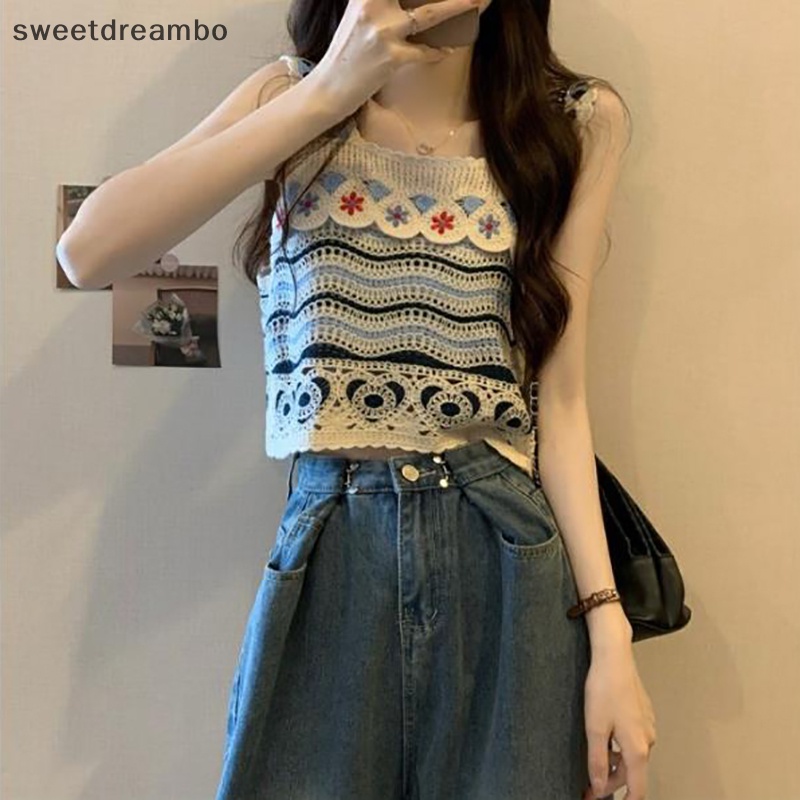 Swe mùa hè rỗng thêu Tank Top phụ nữ cổ điển không tay dệt kim Tank Top drn