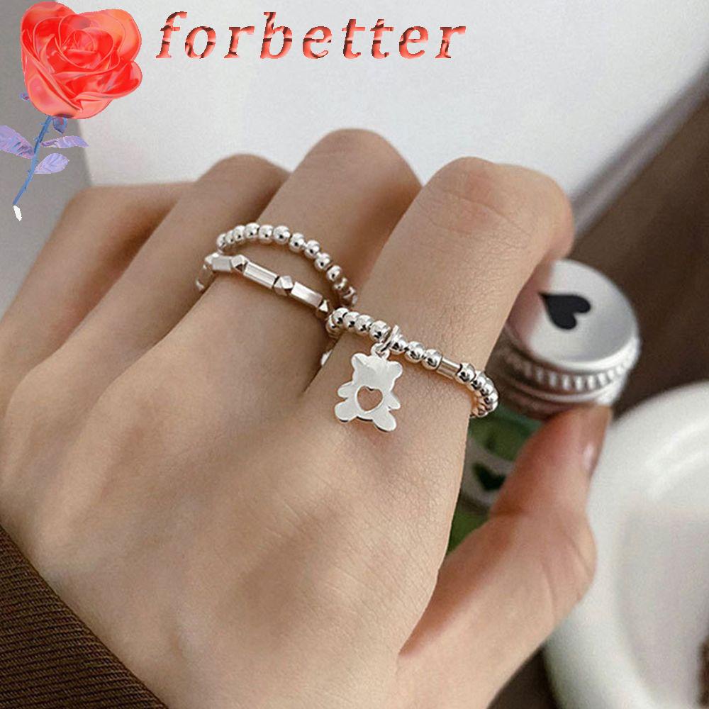 FORBETTER Nhẫn Bạc Co Giãn Họa Tiết Trái Tim / Gấu / Hoa Xinh Xắn Có Thể Điều Chỉnh