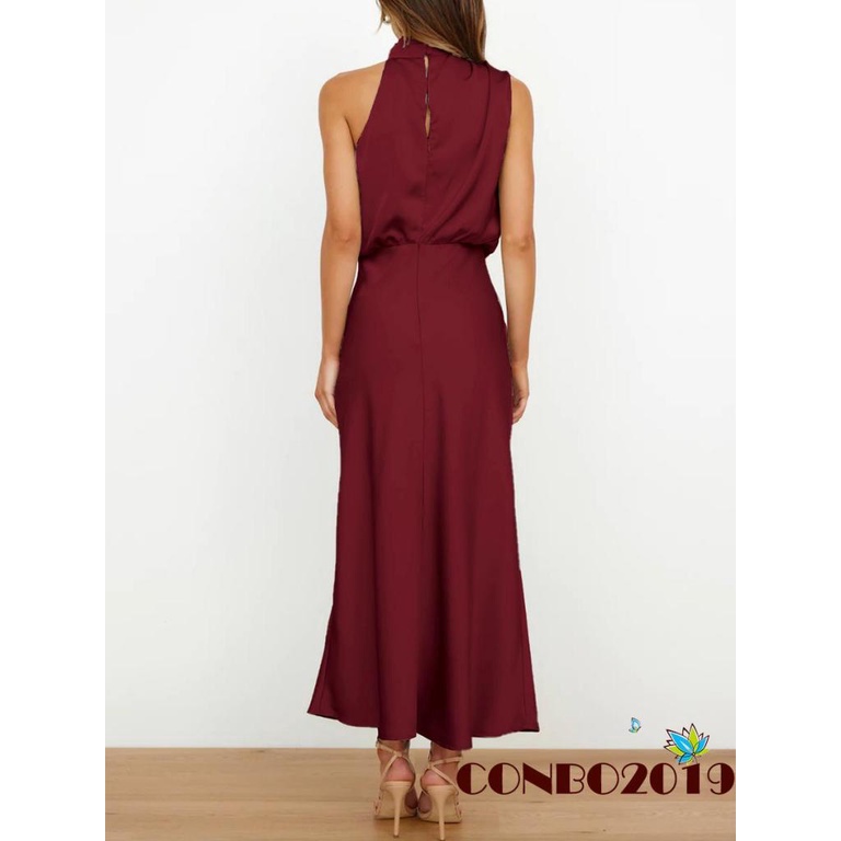 Đầm Dài Không Tay Cổ Lọ Chất Liệu Satin Màu Trơn Thanh Lịch Cho Nữ