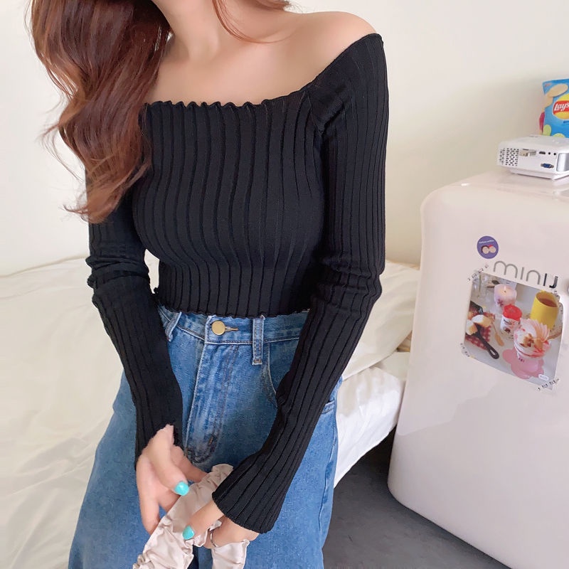 Áo Sweater Trễ Vai Dáng Ngắn Phong Cách Hong Kong Thời Trang Hàng Mới 2023