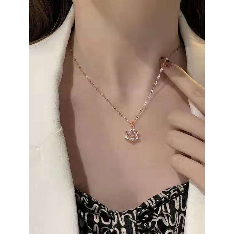 Ygt Vòng cổ Thép Titan Mặt Ngôi Sao Sáu Cánh Đính Kim Cương Tinh Tế Phong Cách Hàn Quốc