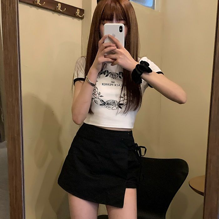 Áo Baby Tee Thun Croptop Nữ Eo Cao Tay Ngắn Màu Sắc Tương Phản Phong Cách Retro Mỹ Thời Trang Mùa Hè Dành Cho Nữ