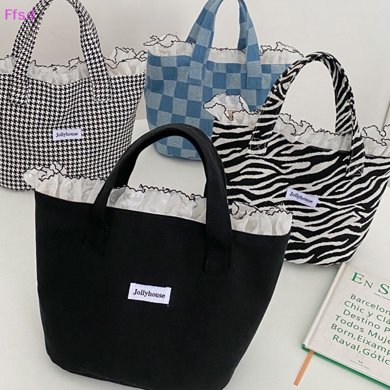 {Ffsd} Túi Xách Vải Canvas Màu Trơn Họa Tiết Ngựa Vằn Phối Ren Lá Sen Sức Chứa Lớn Sáng Tạo Đẹp Mắt Thời Trang * Bán Chạy Cho Nữ