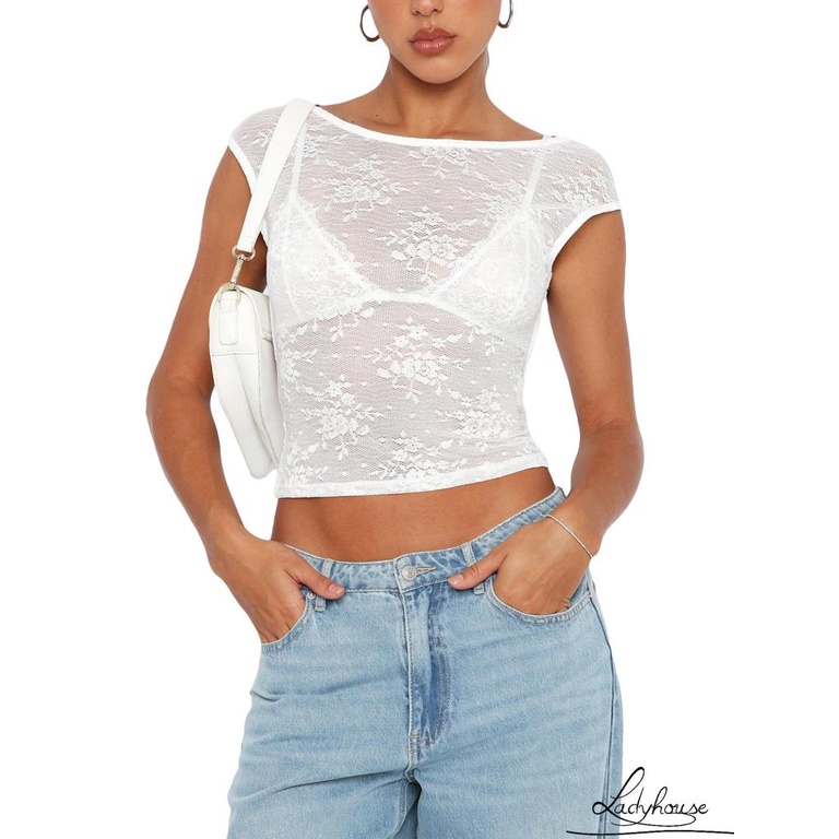 Áo Sơ Mi Ngắn Tay Phối Ren Nhìn Xuyên Thấu Phong Cách Đường Phố Mùa Hè Cho Nữ