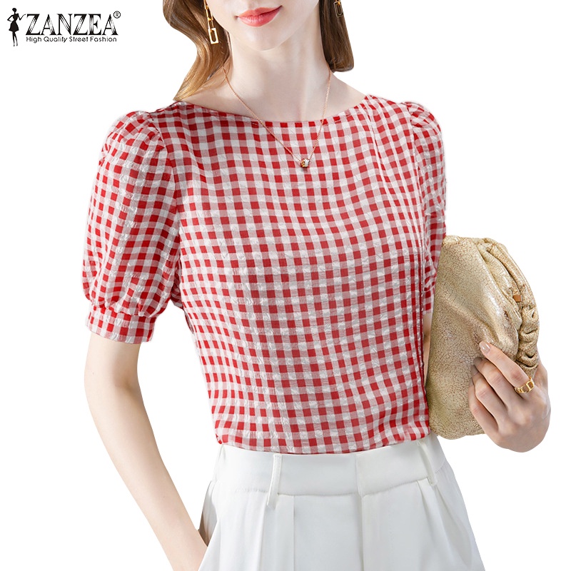 Zanzea Áo Sơ Mi Tay Ngắn Cổ Chữ O Họa Tiết Caro Phong Cách Bohemian Thời Trang Cho Nữ