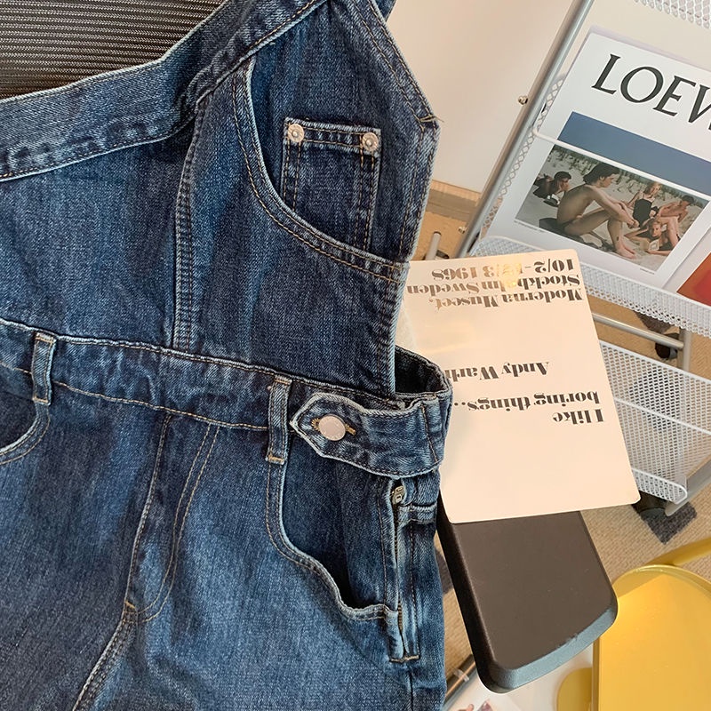 Quần Yếm Denim Ngắn Ống Rộng Lệch Vai Phong Cách Hàn Quốc Thời Trang Mùa Hè Mới 2023 Dành Cho Bạn Nữ