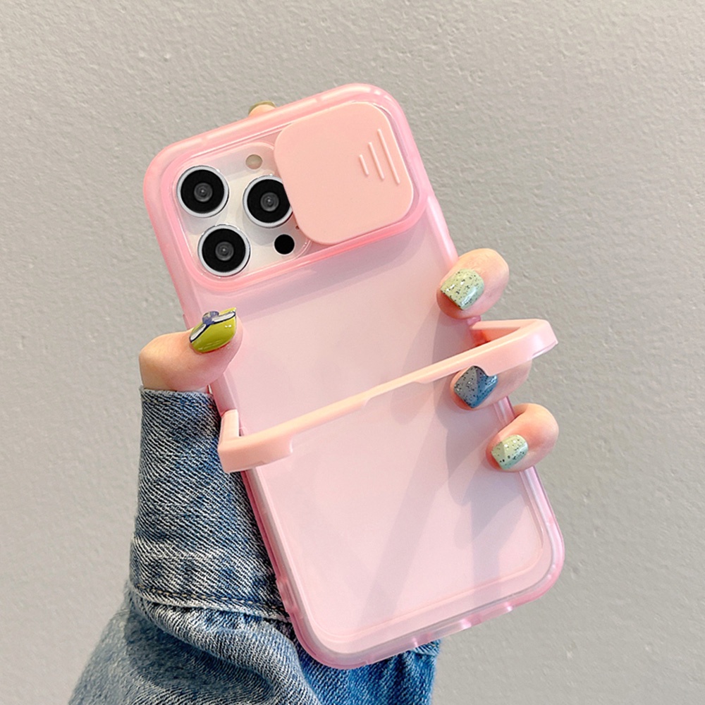 Ốp Điện Thoại TPU Mềm Màu Trơn Có Giá Đỡ Dạng Đẩy Chống Sốc Bảo Vệ Ống Kính Máy Ảnh Cho IPhone 11 12 13 14 Pro Max