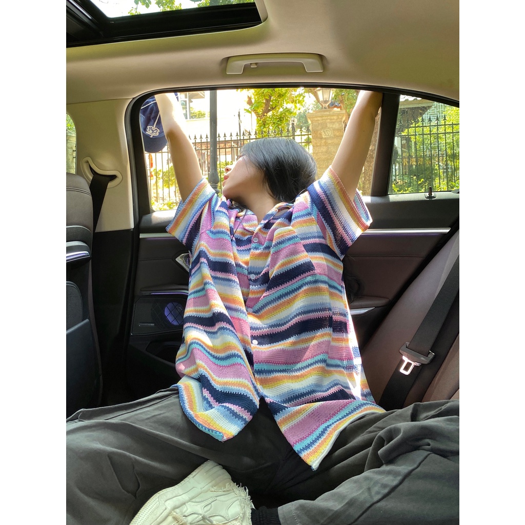 Áo Sơ Mi Tay Ngắn Dáng Rộng Họa Tiết Kẻ Sọc Thiết Kế Mới Thời Trang