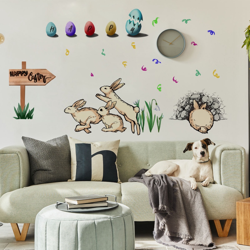 Set 2 Miếng Dán Tường / Cửa Sổ Bằng PVC Hình Thỏ Phục Sinh Dễ Thương Trang Trí Nhà Cửa