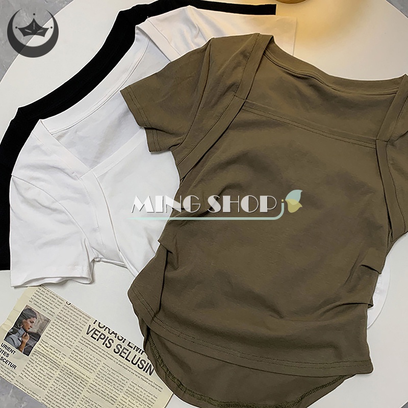 Áo Croptop Tay Ngắn Cổ Vuông Màu Sắc Đơn Giản Cho Nữ