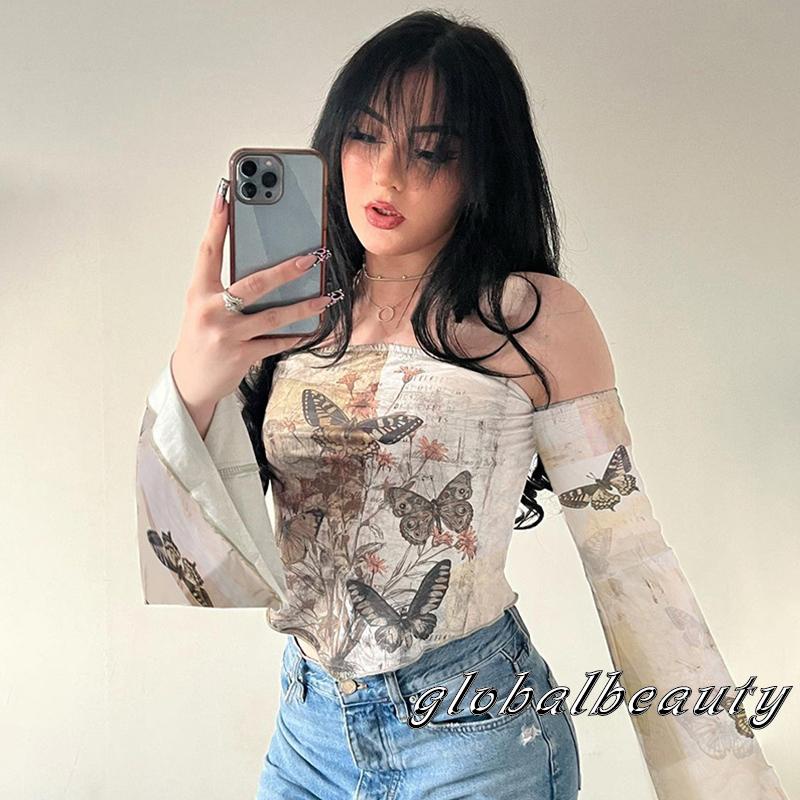Áo Croptop Trễ Vai Tay Dài In Họa Tiết Hoa Và Bướm Thời Trang Mùa Thu Cho Nữ