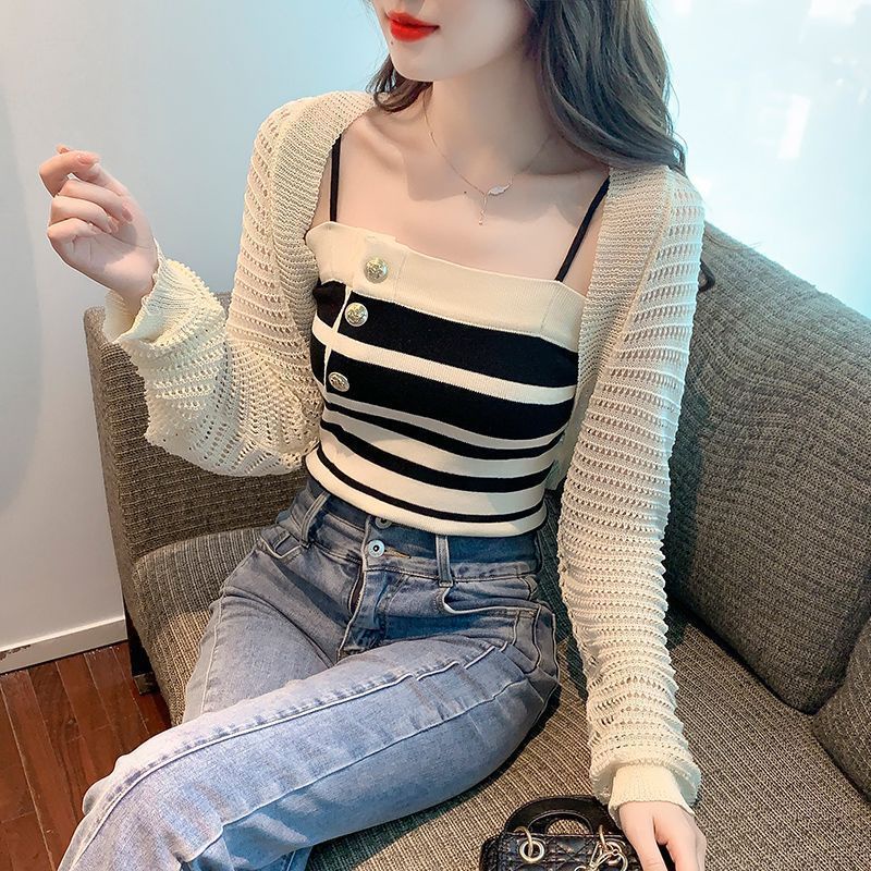 Áo Dệt Kim Sát Nách Kẻ Sọc Thời Trang Mùa Hè Cho Nữ