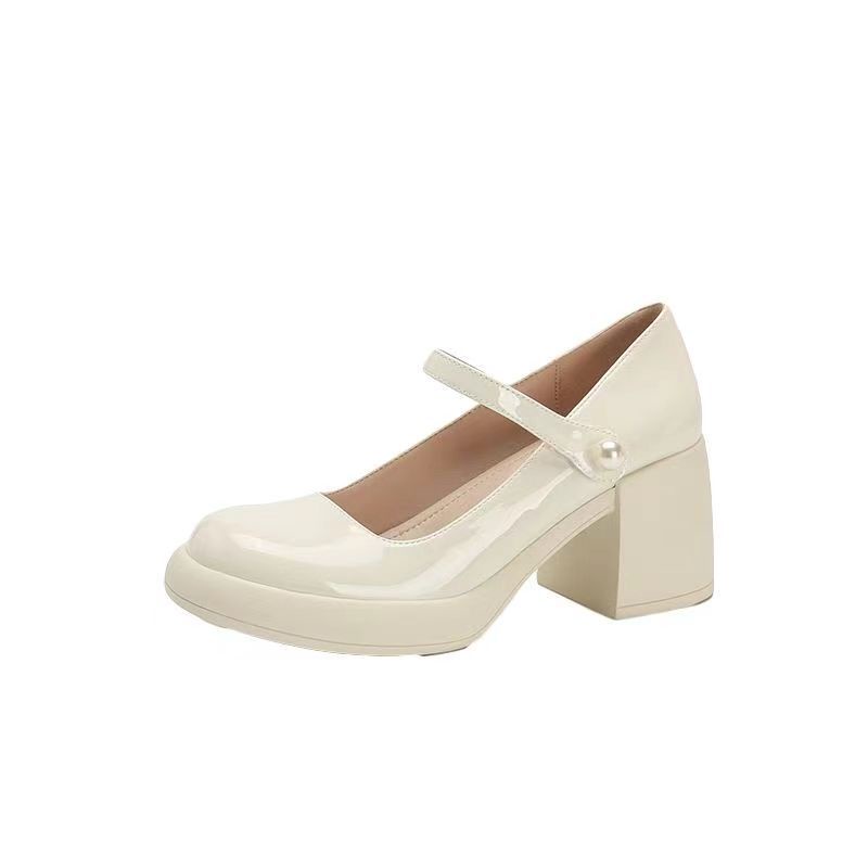 Giày Mary Jane Gót Cao Dày Mũi Tròn Đính Ngọc Trai Phong Cách Thời Trang Mới 2023