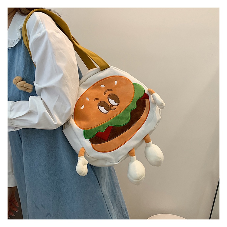 Túi Xách Đeo Vai Vải Canvas Mềm In Hoạt Hình hamburger Nhật Bản Dễ Thương Cho Nữ