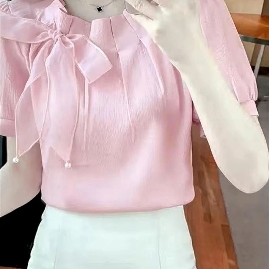 Áo Sơ Mi Chiffon Cỡ Nhỏ Đính Nơ Thời Trang Cho Nữ