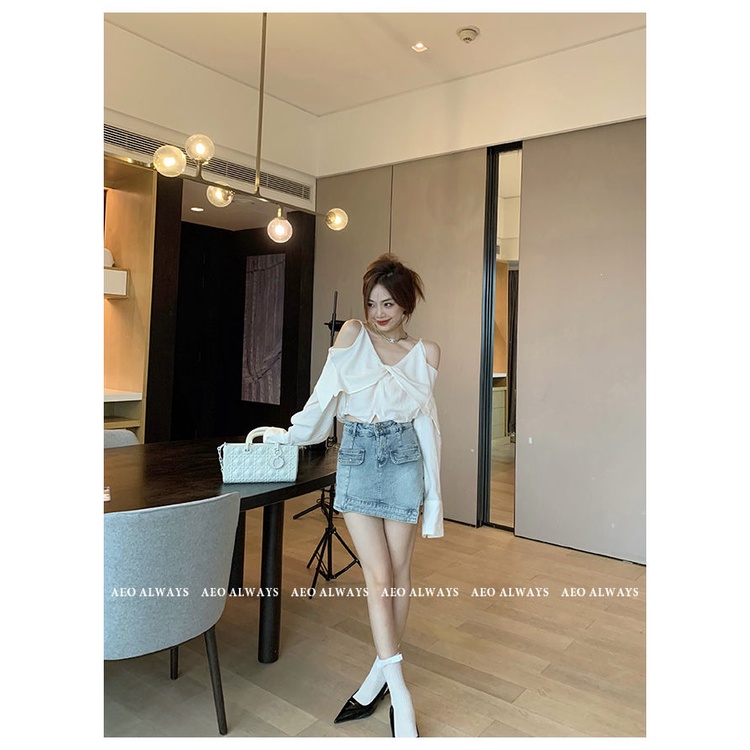 Áo Sơ Mi Trễ Vai Tay Dài Màu Trơn Thời Trang Hàn Quốc