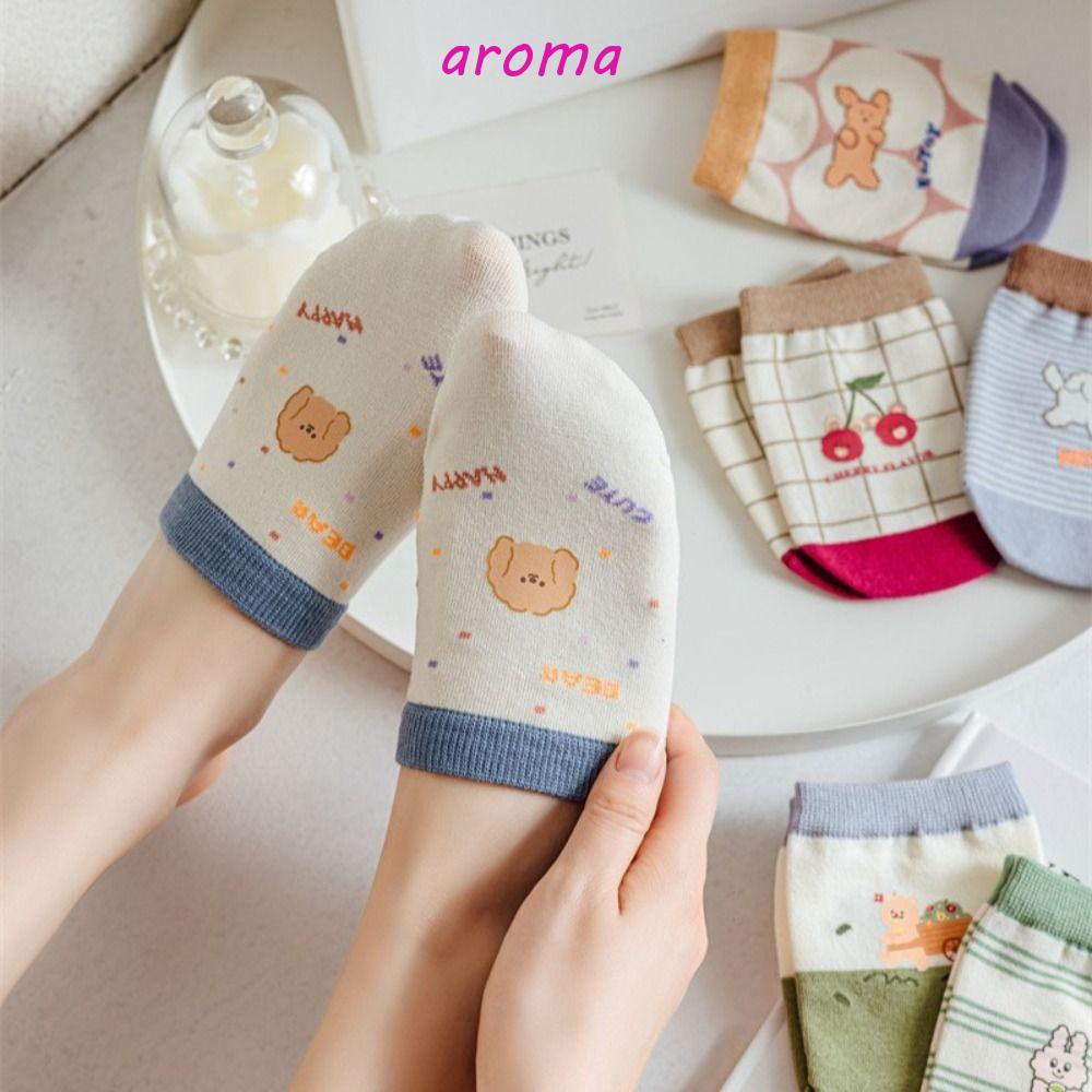 AROMA Đôi Vớ Bằng Vải Cotton Mềm Thoáng Khí Không Trơn Họa Tiết Kẻ Sọc Thời Trang Dễ Thương Dành Cho Nữ