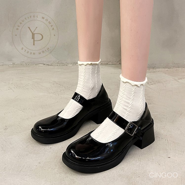 Giày Búp Bê Da Pu Mũi Tròn Đế Dày 3-5cm Phối Khóa Cài Xinh Xắn Hợp Thời Trang