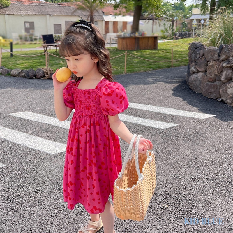 Đầm Tay Phồng Cổ Vuông Xếp Ly In Họa Tiết Thời Trang Mùa Hè Hàn Quốc Cho Nữ