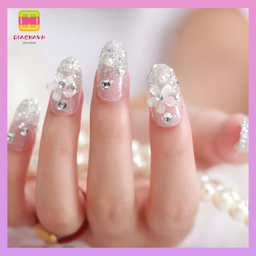DIACHAVN Bộ Móng Tay Giả Kèm Keo Dán Đính Đá Lấp Lánh Tự Nhiên