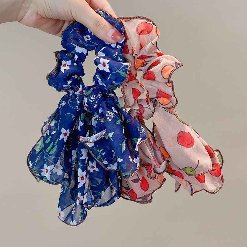 Dây Cột Tóc Lụa In Họa Tiết Hoa / Bướm Phong Cách Hàn Quốc Thời Trang Cho Nữ