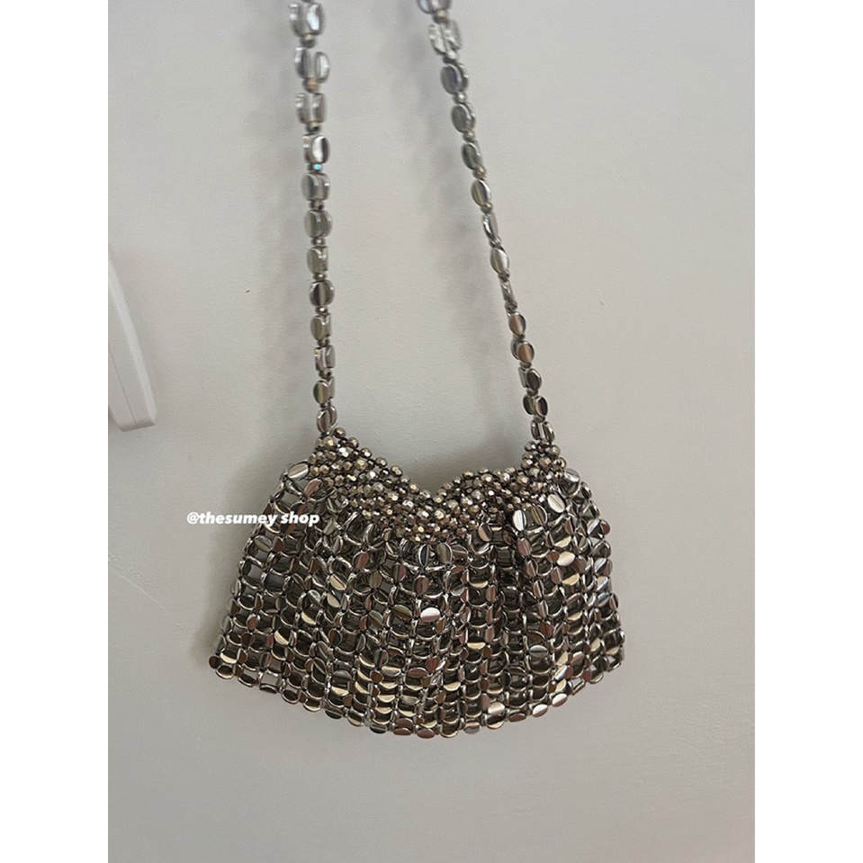 Túi Đeo Vai Sợi Acrylic Dệt Phối Hạt Kim Loại Thời Trang 2023 Cho Nữ