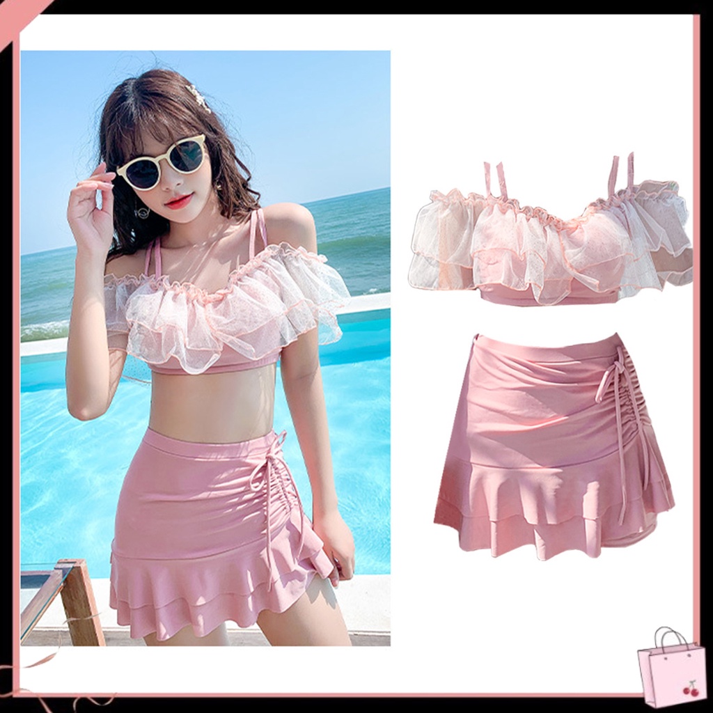 Bộ Đồ Bơi 2 Mảnh Gồm Áo Hai Dây Phối Bèo Và Chân Váy Ngắn Lưng Cao Phối Lưới Thời Trang Đi Biển Dễ Thương Cho Nữ