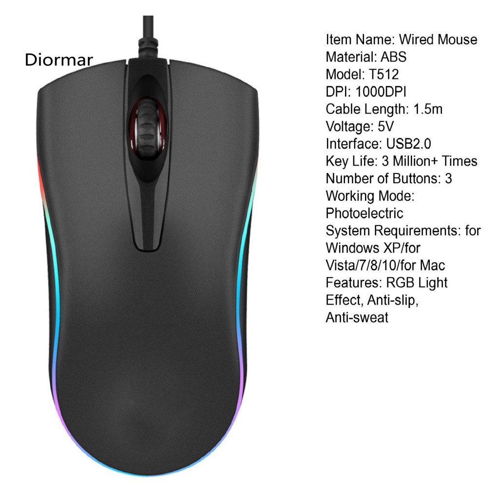 Chuột Máy Tính Có Dây Chống Trượt Có Đèn RGB T512 1000DPI USB20