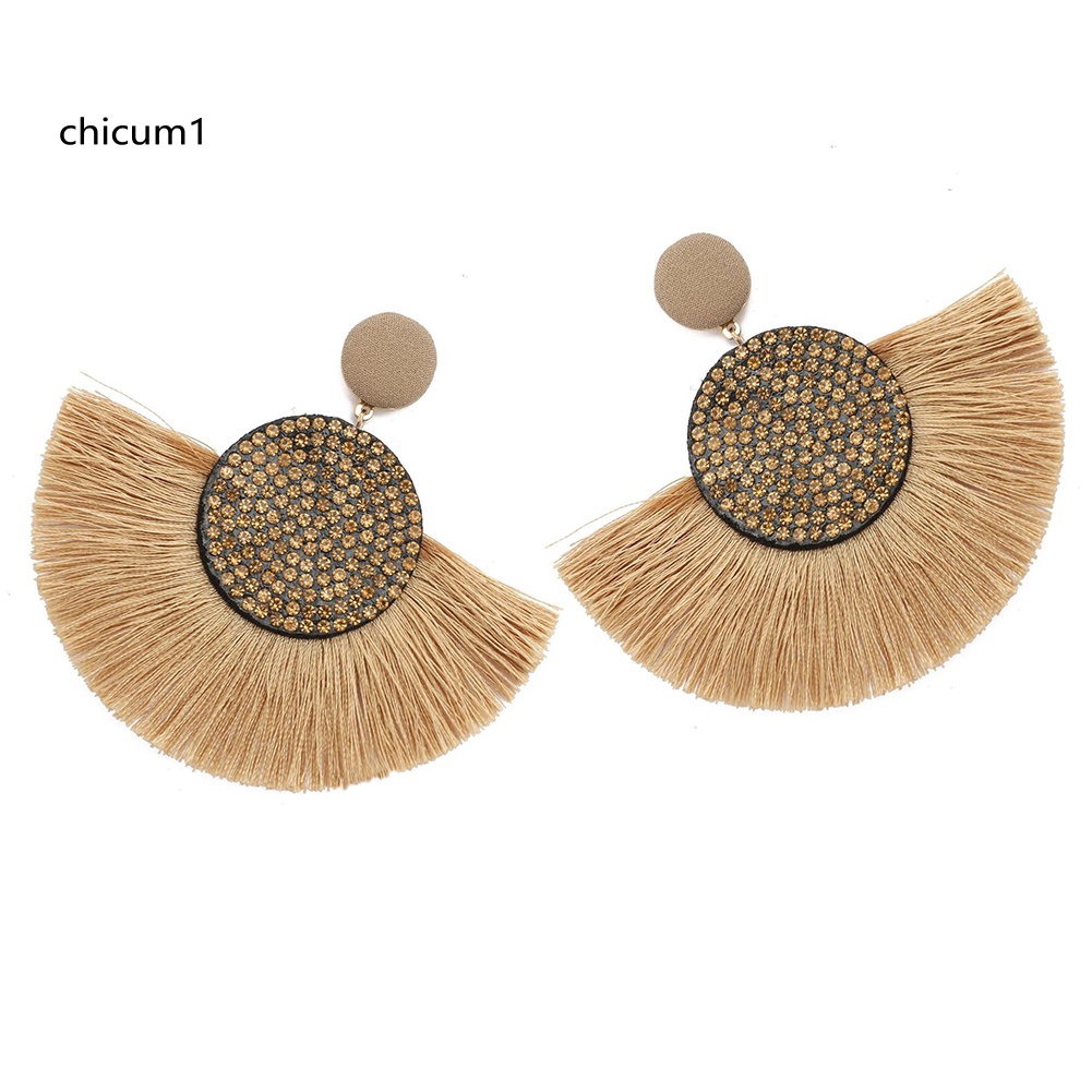 Khuyên Tai Hình Quạt Đính Đá Tua Rua Phong Cách Bohemian