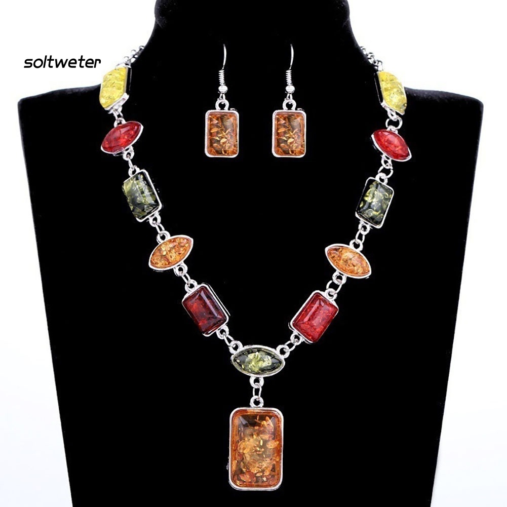 Bộ Vòng cổ + Bông Tai Đính Đá Hổ Phách Hình Vuông / Oval Phong Cách Châu