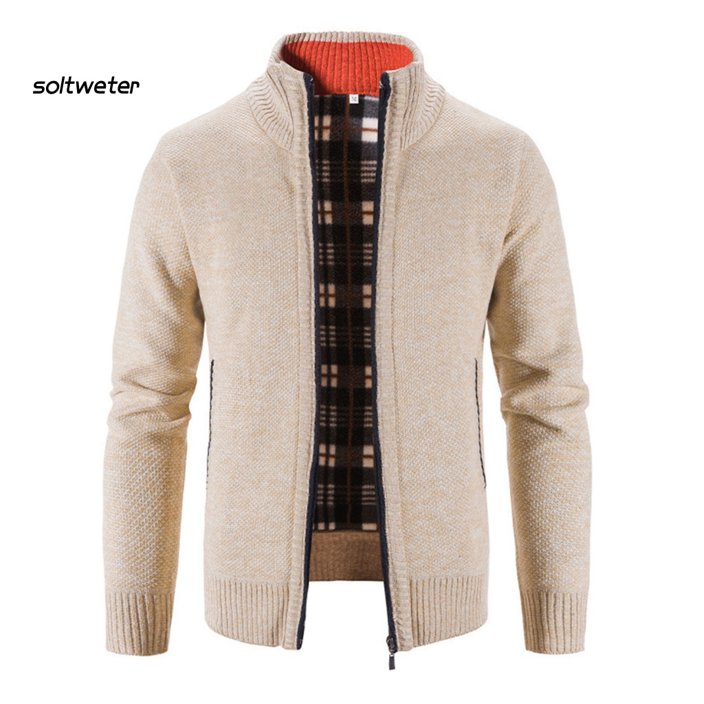 St Áo Khoác Sweater Dệt Kim Tay Dài Lót Lông Cừu Màu Trơn Viền Gân Có Khóa Kéo Thời Trang Thu Đông Cho Nam