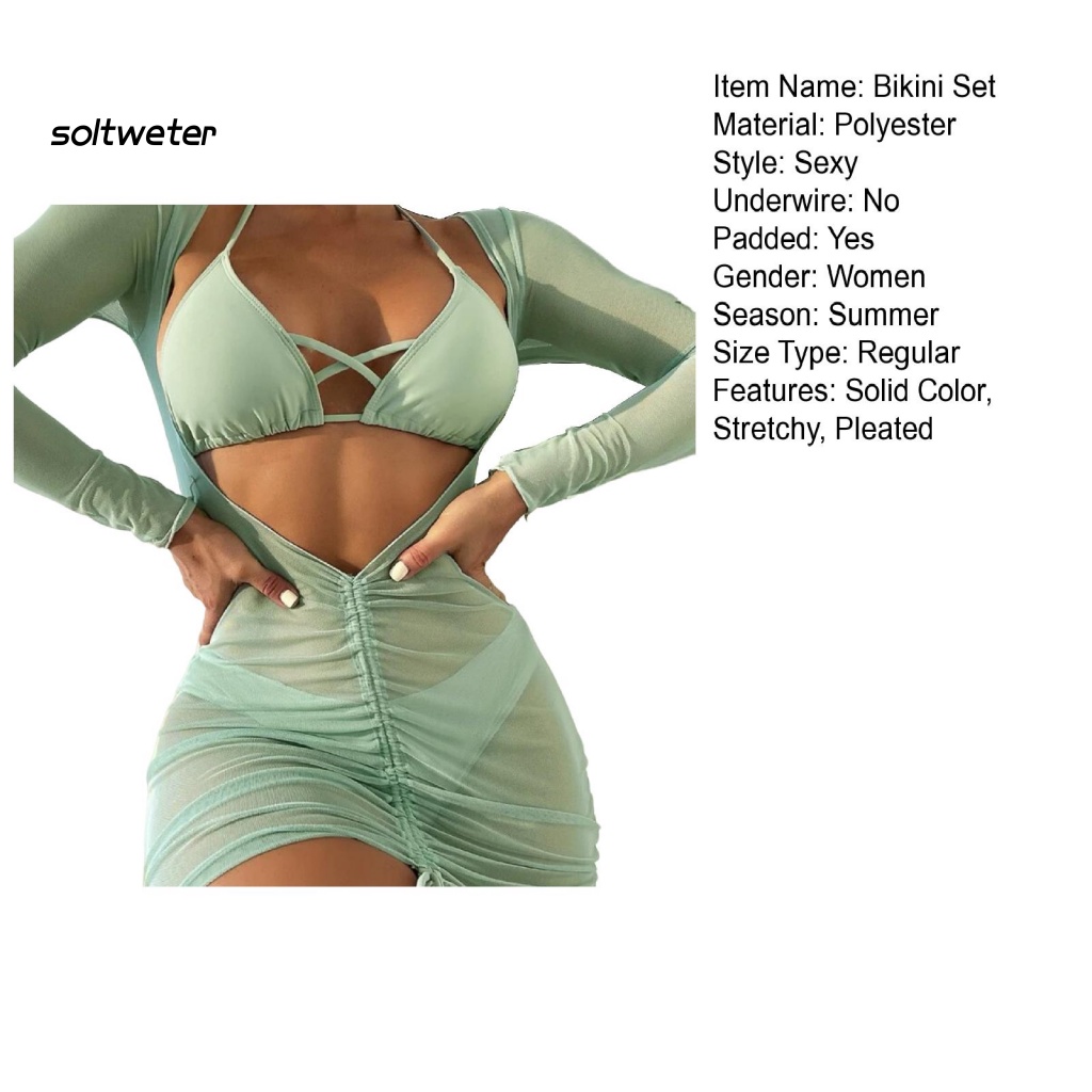 Bộ Đồ Bơi Bikini 3 Món Màu Trơn Hở Lưng Có Mút Đệm Quyến Rũ