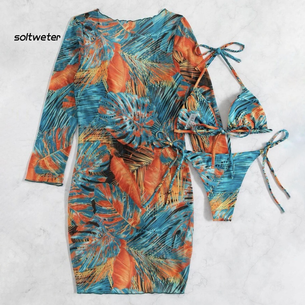 Bộ Đồ Bơi Bikini 3 Mảnh Tay Dài Bằng Polyester In Họa Tiết Thời Trang Kèm Dây Đeo Cho Nữ