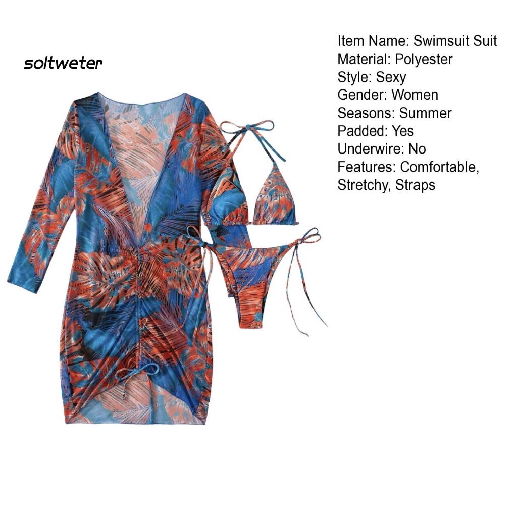 Bộ Đồ Bơi Bikini 3 Mảnh Tay Dài Bằng Polyester In Họa Tiết Thời Trang Kèm Dây Đeo Cho Nữ