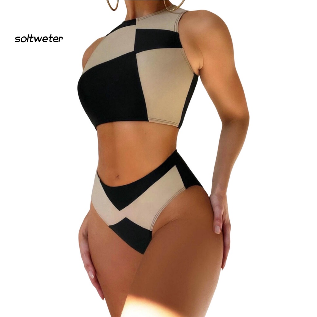 Bộ Bikini 2 Mảnh Cổ Tròn Lưng Cao Họa Tiết Hình Học Cho Nữ