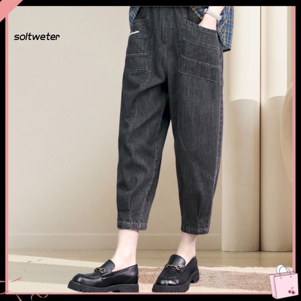 Quần Jeans Lưng Thun Ống Rộng Thêu Chữ Thời Trang Cho Nữ