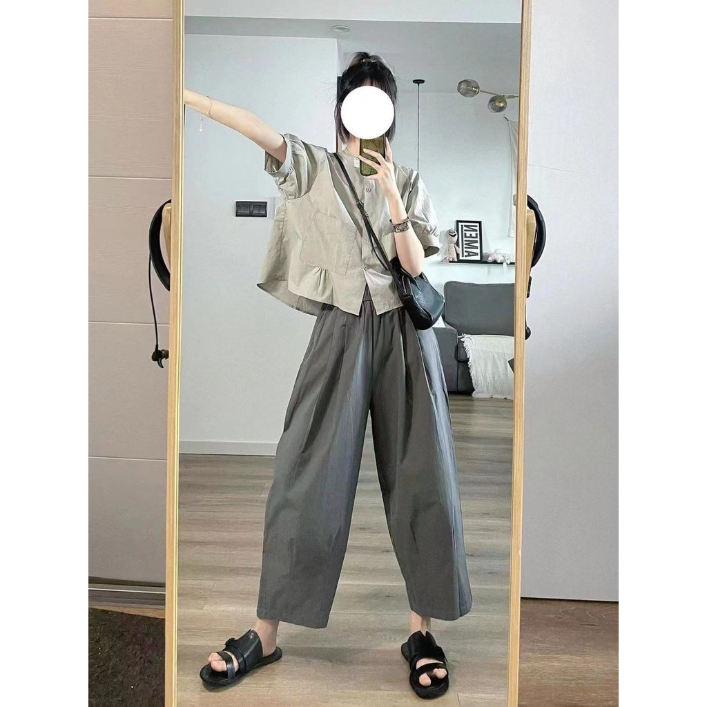 summer New lazy style loose high waist wide leg pants small fresh all-match short sleeve top two-piece suit