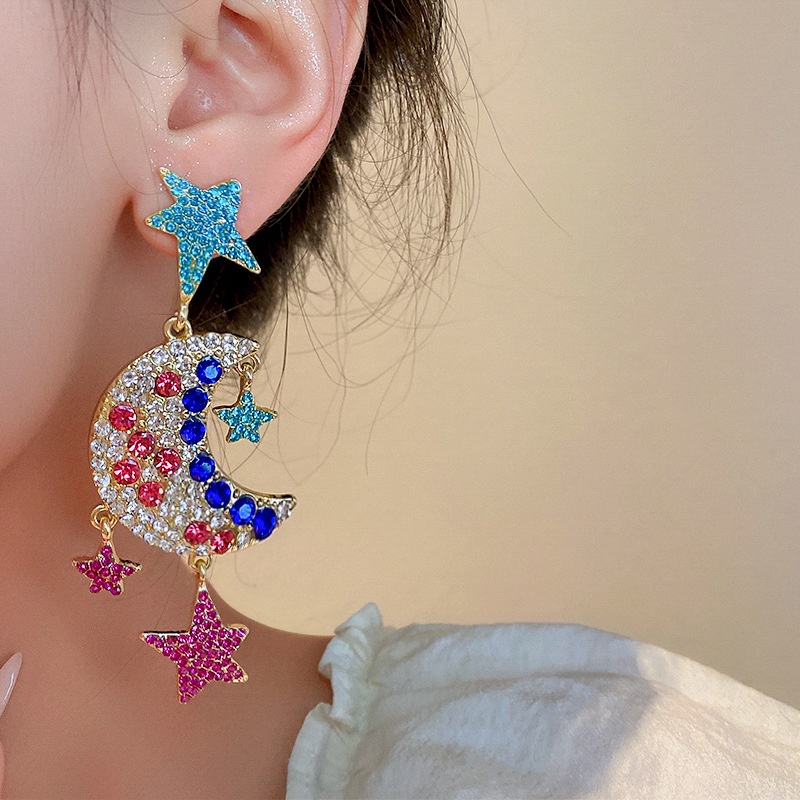 Đôi Bông Tai Dáng Dài Hình Mặt Trăng Ngôi Sao Đính Đá Thời Trang Cho Nữ