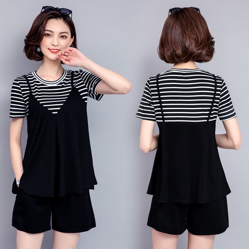 Set Áo Thun Tay Ngắn Kẻ Sọc + Quần Short Size Lớn 40-85KG C11133