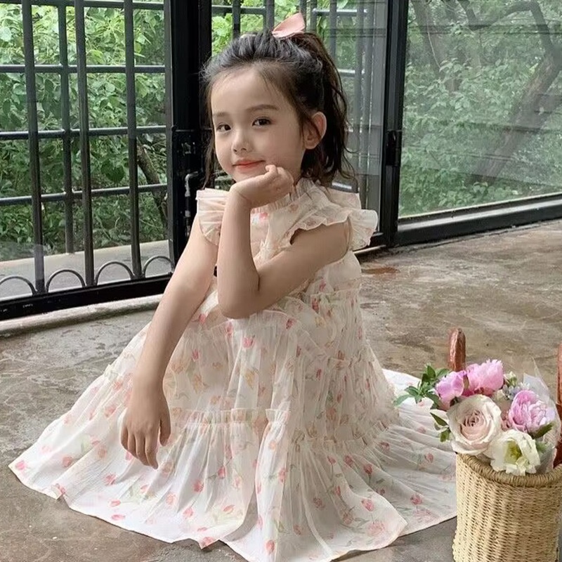 Đầm Hoa Cổ Ren Xếp Tầng Phong Cách Mới Mùa Hè Cho Bé Gái