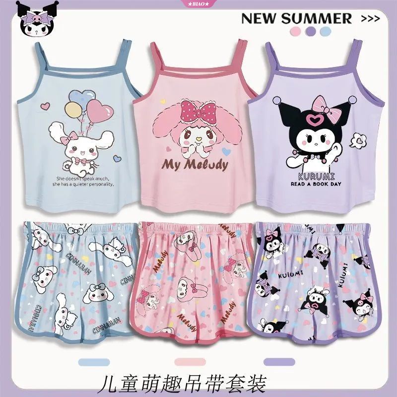 Bộ Đồ Ngủ Ngắn Không Tay In Hoạt Hình Melody Cinnamoroll Kuromi Dành Cho Trẻ Em