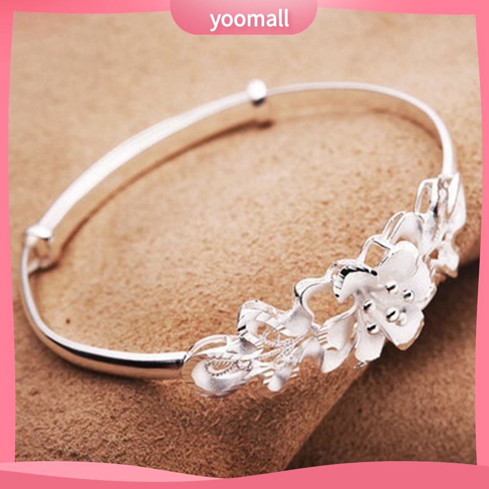 Vòng Tay Mạ Bạc Họa Tiết Hoa Thời Trang Có Thể Điều Chỉnh Kích Cỡ